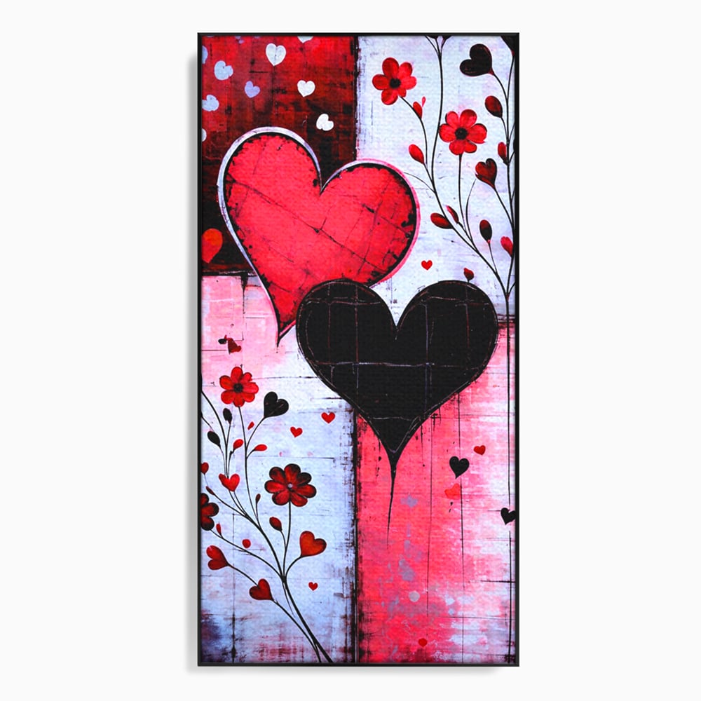 Tablou canvas cu tablou canvas cu inimi si flori, in rama de aluminiu negru